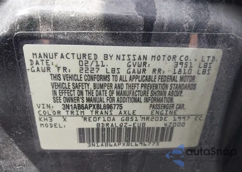 2011 Nissan Sentra 2.0 из США, поврежденный, VIN 3N1AB6APXBL696775